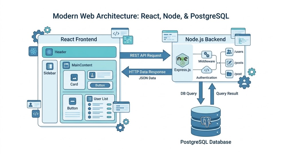 React Node.js full-stack developer building a web app with React frontend and Node.js backend